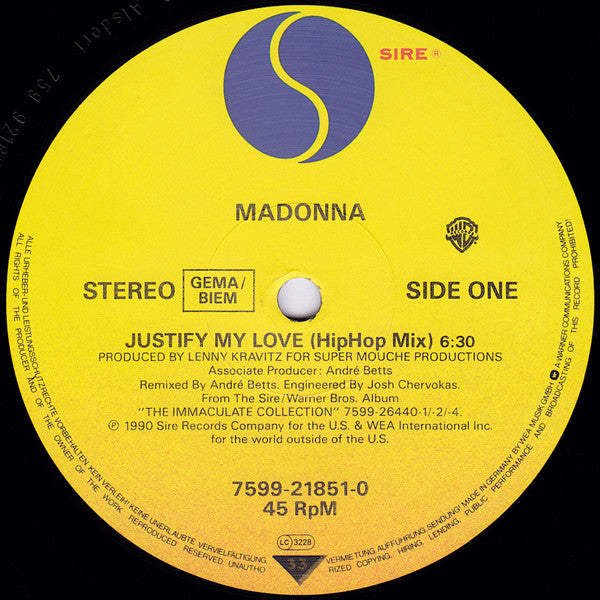 Image of Label Cover of 12" - VG/G+ - MADONNA, Justify My Love (Sire; 7599-21851-0, Europe 1990, Picture Sleeve), Just fine, light marks.,  - 3316034C