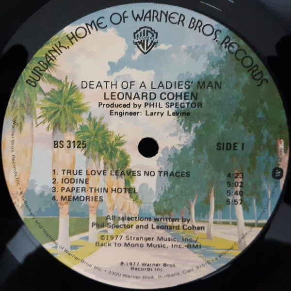 Image of Label Cover of LP - VG/VG - LEONARD COHEN, Death Of A Ladies Man (WB Burbank; BS3125, US 1977, Gatefold, Company Inner, Los Angeles Pressing.), Record has slight dish/warp but plays fine. Edgewear. Cut-out strip bottom left. Small sticker removal tear. Small creases.,  - 2926250E