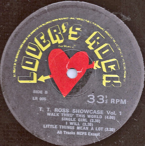 Image of Front Cover of LP - /F - T. T. ROSS, T. T. Ross Showcase Vol. 1 (Lover's Rock; LR 005, UK 1980s, Plain Sleeve), Lots of marks and wear, some heavier ones, will skip in places. Clean labels, plain sleeve as issued., Tracklist:A1	How Do You Like It	A2	Baby WhyA3	Last DateA4	Sorry Doesn't Make It Right	B1	Walk Thru This World	B2	Single Girl	B3	I Will	B4	Little Things Mean A Lot	 - 1116088C