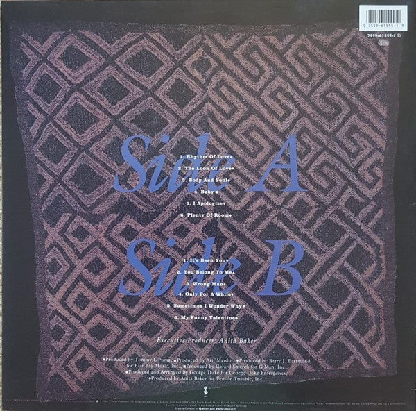 Image of Back Cover of LP - VG+/VG - ANITA BAKER, Rhythm Of Love (Elektra; 7559-61555-1, Germany 1994, Inner), Sleeve is still in shrink - pretty much EX. Inner is EX. Strong VG to disc -  glossy with only the lightest of marks.,  - 3516358C