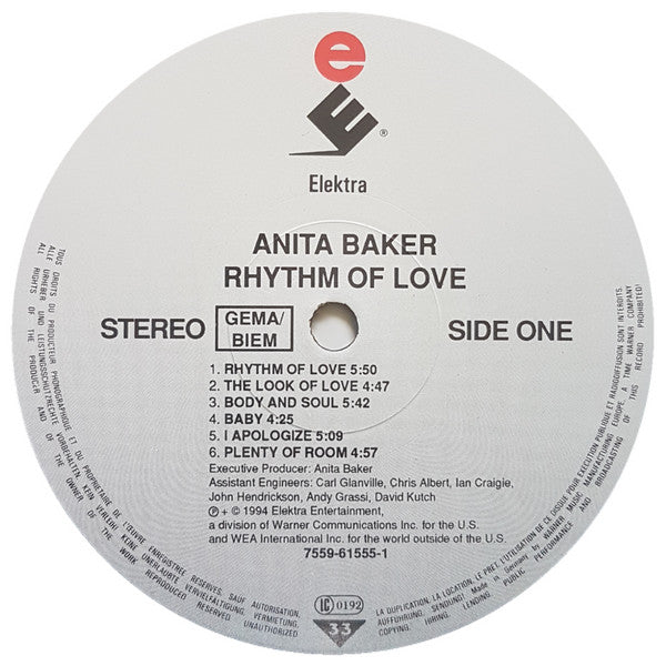Image of Label Cover of LP - VG+/VG - ANITA BAKER, Rhythm Of Love (Elektra; 7559-61555-1, Germany 1994, Inner), Sleeve is still in shrink - pretty much EX. Inner is EX. Strong VG to disc -  glossy with only the lightest of marks.,  - 3516358C