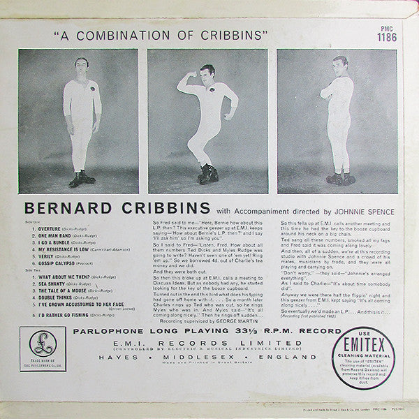 Image of Back Cover of 2324379E: LP - BERNARD CRIBBINS, A Combination Of Cribbins (Parlophone Black/Gold; PMC 1186, UK 1962, Laminated Flipback Sleeve, Mono)   VG/VG