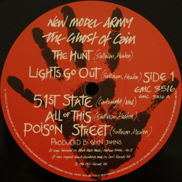 Image of Label Cover of LP - VG/G+ - NEW MODEL ARMY, The Ghost Of Cain (EMI; EMC 3516, UK 1986, Inner), Wispy marks and a line of mottling. ,  - 2316105C
