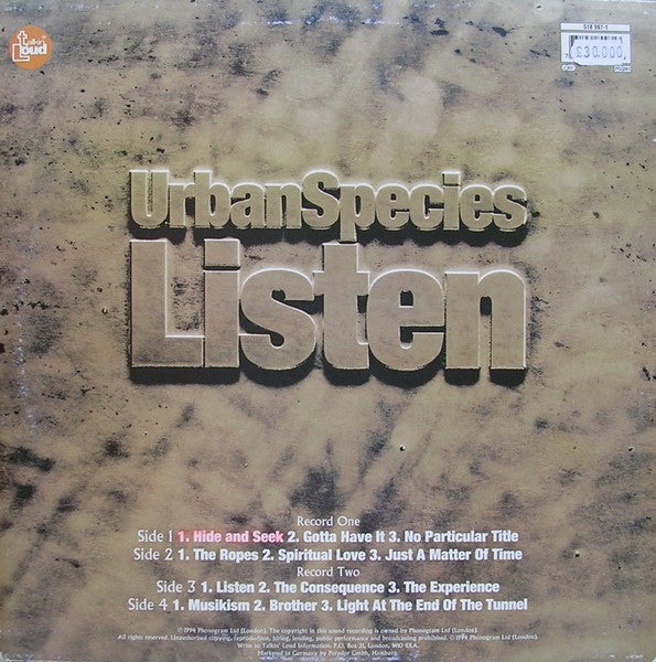Image of Back Cover of 2xLP - VG/VG - URBAN SPECIES, Listen (Talkin' Loud; 518 997-1, Europe 1994, Picture Sleeve, 2 Inners), Strong VG, light marks only. Edge wear to sleeve.,  - 2526010E