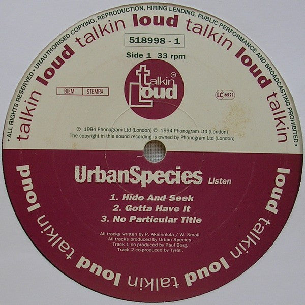 Image of Label Cover of 2xLP - VG/VG - URBAN SPECIES, Listen (Talkin' Loud; 518 997-1, Europe 1994, Picture Sleeve, 2 Inners), Strong VG, light marks only. Edge wear to sleeve.,  - 2526010E