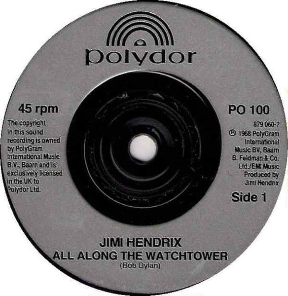 Image of Label Cover of 7" EP - VG+/EX - THE JIMI HENDRIX EXPERIENCE, All Along The Watchtower / Voodoo Chile / Hey Joe (Polydor; PO 100, UK 1990 Reissue, Hype Stickered Sleeve), ,  - 1726314E