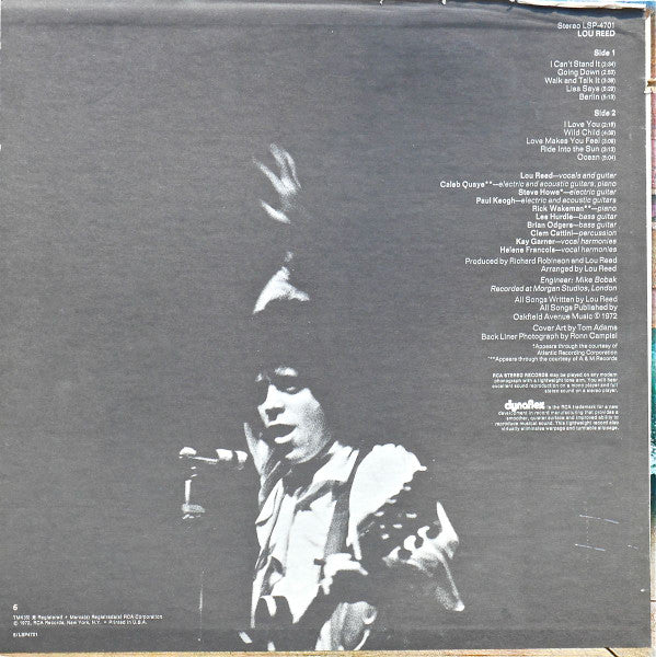 Image of Back Cover of LP - G+/G - LOU REED, Lou Reed (RCA Victor; LSP-4701, US 1972, Dynaflex ), Many marks on the vinyl. Two thirds of bottom seam split.,  - 3926383E