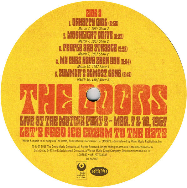 Image of Label Cover of LP - VG+/EX - THE DOORS, Let's Feed Ice Cream To The Rats: Live At The Matrix Part 2 - Mar. 7 & 10, 1967 (Rhino; R1 563063, US 2018, Inner, Numbered Limited Edition of 13,000, RSD 2018), No 01221/13000.,  - 3546158S