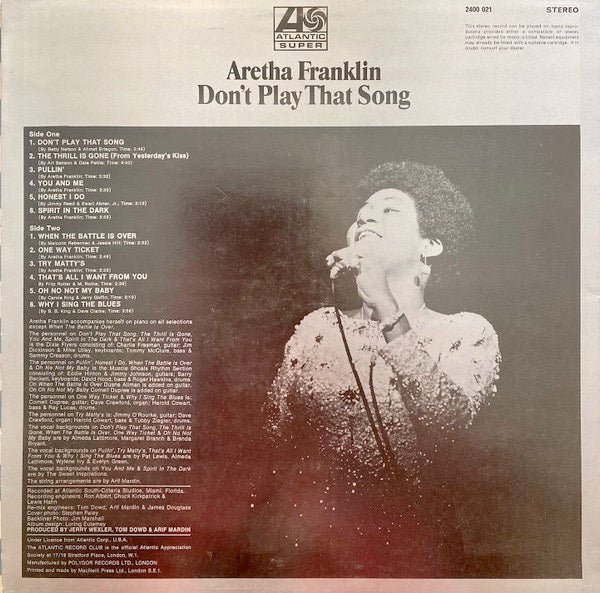 Image of Back Cover of LP - G+/VG - ARETHA FRANKLIN, Don't Play That Song (Atlantic Plum & Orange; 2400 021, UK 1970), Light hairlines on the record. Sleeve has ringwear, edgewear, writing on rear, creases, indentations.,  - 3126027E