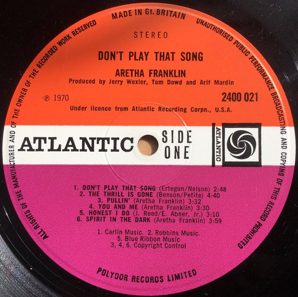 Image of Label Cover of LP - G+/VG - ARETHA FRANKLIN, Don't Play That Song (Atlantic Plum & Orange; 2400 021, UK 1970), Light hairlines on the record. Sleeve has ringwear, edgewear, writing on rear, creases, indentations.,  - 3126027E