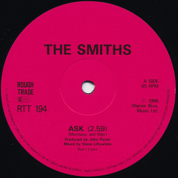 Image of Label Cover of 12" - VG/G+ - THE SMITHS, Ask (Rough Trade; RTT 194, UK 1986, Picture Sleeve, Pink Inner, EMI Pressing), ,  - 3716233C