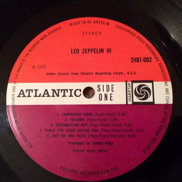 Image of Label Cover of LP - VG/VG - LED ZEPPELIN, Led Zeppelin III (Atlantic Plum & Red Labels With No Peter Grant Credit & Hyphen In Cat No.; 2401-002, UK 1970, Laminated Gatefold E.J. Day Sleeve With Spinner Wheel, A7/B-5 Runouts With OPK/GHC, Credits On Right Inside Gatefold), Just one cosmetic surface mark on each side, Nice and glossy, Clean working sleeve, Just a bit of laminate bubbling on rear. ,  - 3316526C
