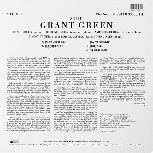 Image of Back Cover of LP - VG+/VG+ - GRANT GREEN, Solid (Blue Note; 33580, US 1995 Reissue, 180 Gram Vinyl Ltd Edition), ,  - 3226089E
