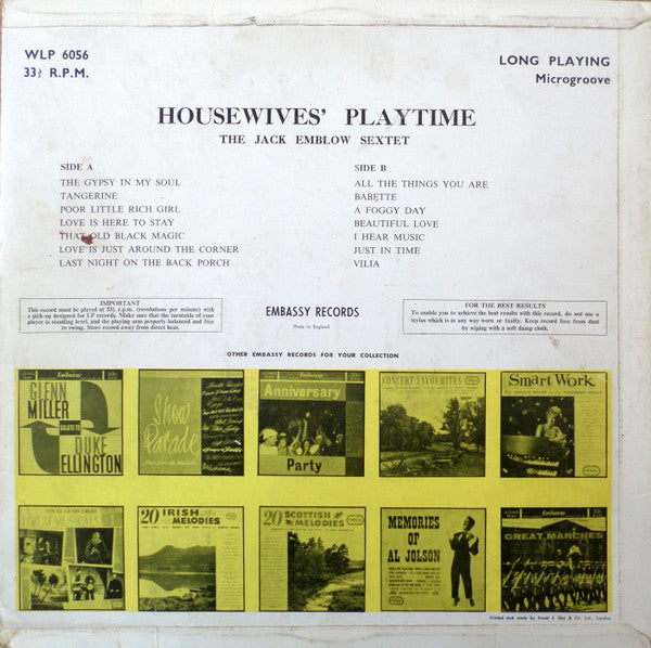 Image of Back Cover of 0326170E: LP - THE JACK EMBLOW SEXTET, Housewive's Playtime (Embassy; WLP 6056, UK 1963, Laminated Flipback Sleeve)   G+/VG+