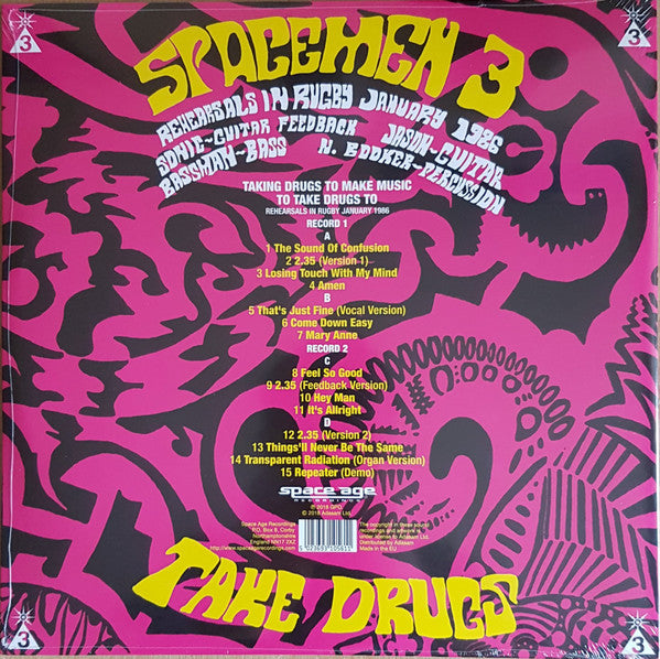 Image of Back Cover of 4925334E: 2xLP - SPACEMEN 3, Taking Drugs to Make Music to Take Drugs to (Spaceage; 5 023693 105611, UK 2018 Reissue, Gatefold, Record Store Day Limited Release 2018, Berry Coloured Vinyl)   EX/EX