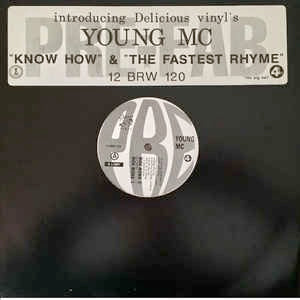 Image of Front Cover of 12" - VG+/VG+ - YOUNG MC, Know How / The Fastest Rhyme (Delicious Vinyl; 12 BRW 120, UK 1988, Promo, Stickered Plain Sleeve), clean copy w/ original stickered sleeve,  - 1246053S