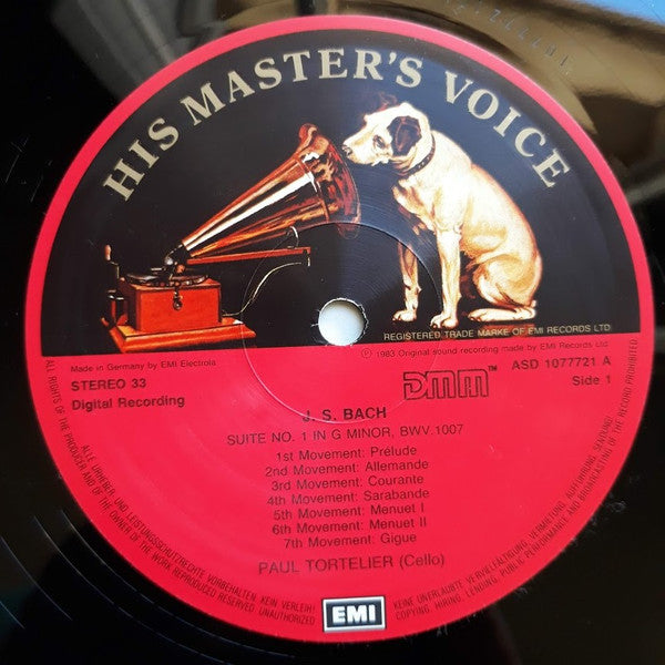 Image of Label Cover of 3xLP - VG/VG+ - PAUL TORTELIER, J S Bach: The Six Cello Suites (EMI; SLS 1077723, UK 1983, Box Set, Booklet, DMM), ,  - 0726107E