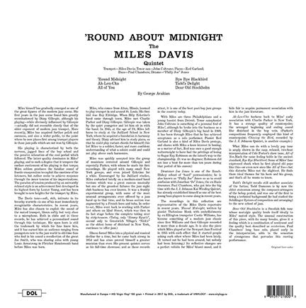 Image of Back Cover of 4834076E: LP - MILES DAVIS, 'Round About Midnight (DOL; DOL800HG, Europe 2017 Reissue, Gatefold, 180 Gram Vinyl)   NEW/NEW