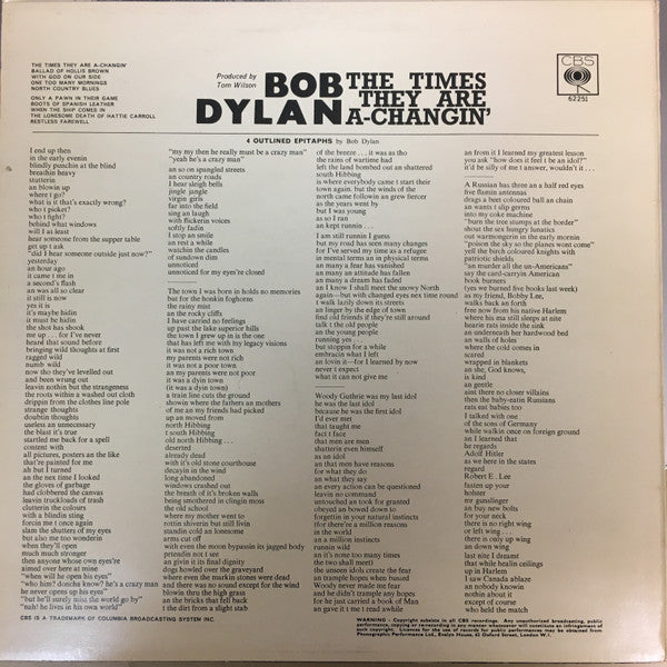 Image of Back Cover of LP - VG/VG+ - BOB DYLAN, The Times They Are A-Changin' (CBS Orange/Yellow; 62251, UK 1970s Reissue, A4/B5), Edge wear and corner creasing.,  - 3646064S