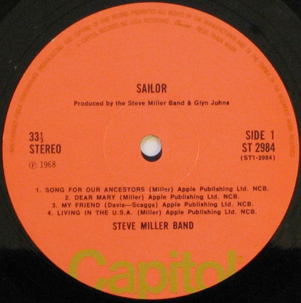 Image of Label Cover of 4024078E: LP - THE STEVE MILLER BAND, Sailor (Capitol Orange; ST2984, UK 1970s Reissue, Laminated Front Sleeve, Stereo)   VG+/VG
