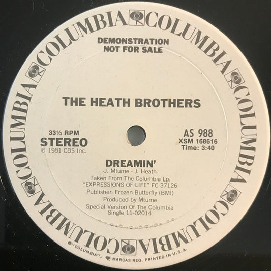 Image of Front Cover of 12" - /VG - THE HEATH BROTHERS, Dreamin' / Use It (Columbia; AS 988, US 1981, Plain Sleeve), Light marks, strong VG.,  - 3446216S