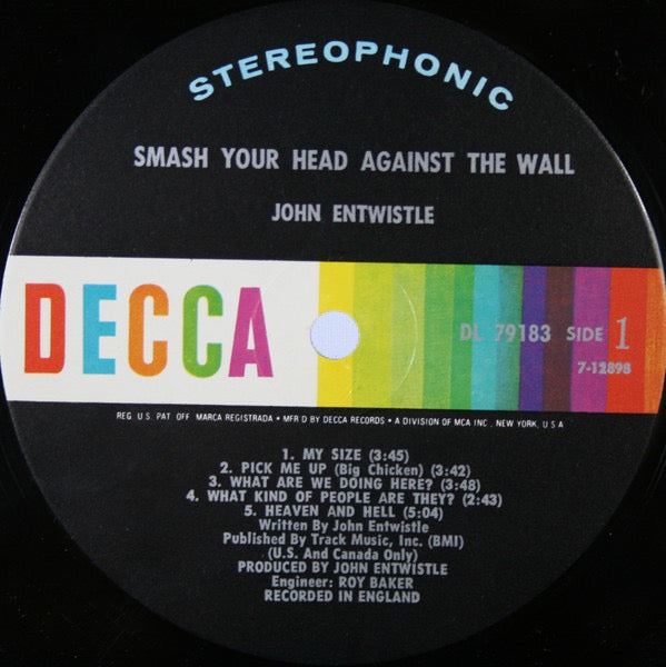 Image of Label Cover of LP - VG/VG - JOHN ENTWISTLE, Smash your Head Against the Wall (Decca; DL79183, US 1971, Gatefold), ,  - 3526324E