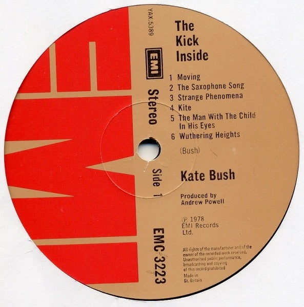 Image of Label Cover of LP - VG/G+ - KATE BUSH, The Kick Inside (EMI - Red On Brown; EMC 3223, UK 1978, Laminated Sleeve With Black Border, First Pressing. "Rember Yourself" Misspelt Runout), Side 1 VG, but some heavy marks on side 2. Christmas message written on sleeve rear. ,  - 3626505E