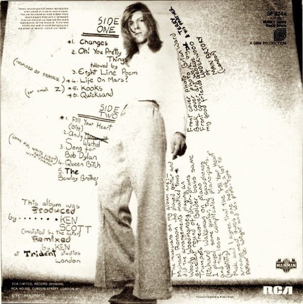 Image of Back Cover of LP - VG/VG - DAVID BOWIE, Hunky Dory (RCA Orange; SF 8244, UK 1972 Reissue, Insert, Mainman on Sleeve and Label), Hairlines, edge wear. ,  - 3026252E