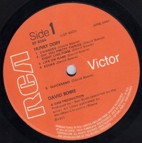 Image of Label Cover of LP - VG/VG - DAVID BOWIE, Hunky Dory (RCA Orange; SF 8244, UK 1972 Reissue, Insert, Mainman on Sleeve and Label), Hairlines, edge wear. ,  - 3026252E