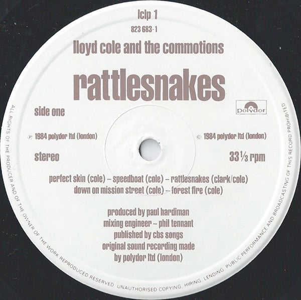 Image of Label Cover of LP - VG/VG - LLOYD COLE AND THE COMMOTIONS, Rattlesnakes (Polydor; LCLP 1, UK 1984, White Text On Rear Of Sleeve, Inner), ,  - 3726049E