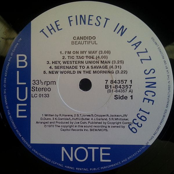 Image of Label Cover of LP - VG/VG - CANDIDO, Beautiful (Blue Note; B1 84357 / 0777 7 85357 1 6, UK 1993 Reissue), ,  - 3126296E