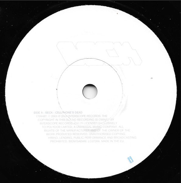 Image of Label Cover of 7" - VG+/VG+ - BECK, Cellphone's Dead (Interscope Records; 1709487, Europe 2006, Stickered Picture Sleeve, Inner, Sticker Sheet, Limited Edition), ,  - 4216037C