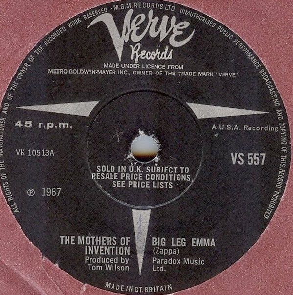 Image of Back Cover of 7" - VG+/VG+ - THE MOTHERS OF INVENTION, Big Leg Emma / Why Don't You Do Me Right (Verve Records; VS 557 , UK 1967, Solid Centre), Very Strong VG+, Company Sleeve, Slight Damage to Sleeve Opening, Number Written in Pencil On Sleeve,  - 2826345E