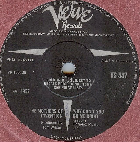 Image of Label Cover of 7" - VG+/VG+ - THE MOTHERS OF INVENTION, Big Leg Emma / Why Don't You Do Me Right (Verve Records; VS 557 , UK 1967, Solid Centre), Very Strong VG+, Company Sleeve, Slight Damage to Sleeve Opening, Number Written in Pencil On Sleeve,  - 2826345E