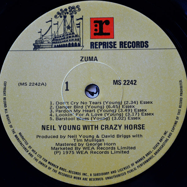 Image of Label Cover of LP - VG/VG - NEIL YOUNG WITH CRAZY HORSE, Zuma (Reprise; MS 2242, New Zealand 1975, Inner), Initials Written in Black Marker on Front and Rear Sleeves and Label,  - 3226126E