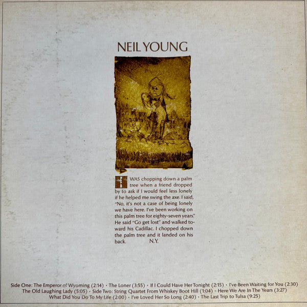 Image of Back Cover of 4925466E: LP - NEIL YOUNG, Neil Young (Reprise; RS.6317, UK 1970 Reissue, Gatefold, Company Inner) Strong VG, Edge And Ring Wear, Stains On Sleeve  VG/VG