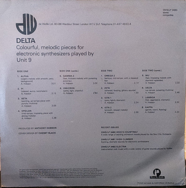 Image of Back Cover of LP - VG/VG+ - UNIT 9, Delta (Music De Wolfe; DWS/LP 3483, UK 1982), ,  - 3846281S