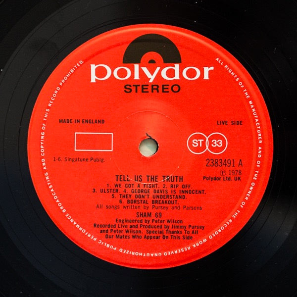 Image of Label Cover of LP - VG/G+ - SHAM 69, Tell Us The Truth (Polydor; 2383 491, UK 1978), Fogging on Side A. ,  - 2026061E