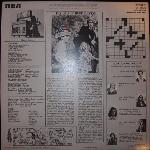 Image of Back Cover of LP - VG/G+ - JEFFERSON AIRPLANE, Volunteers (RCA Victor Orange No Stereo Text; SF 8076, UK 1970, Gatefold), ,  - 3546091S