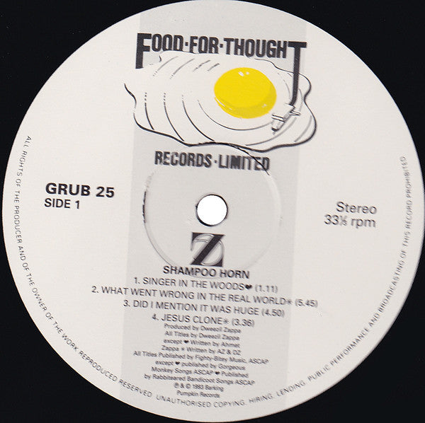 Image of Label Cover of 2xLP - G+/G - Z, Shampoohorn (Food For Thought Records; GRUB 25, UK 1993, Gatefold, 2 Inners, Dweezil and Ahmet Zappa), Sleeve has been damp at some point and stuck together so there are some tears to the cover images inside the gatefold and a little on the front.,  - 3726438E