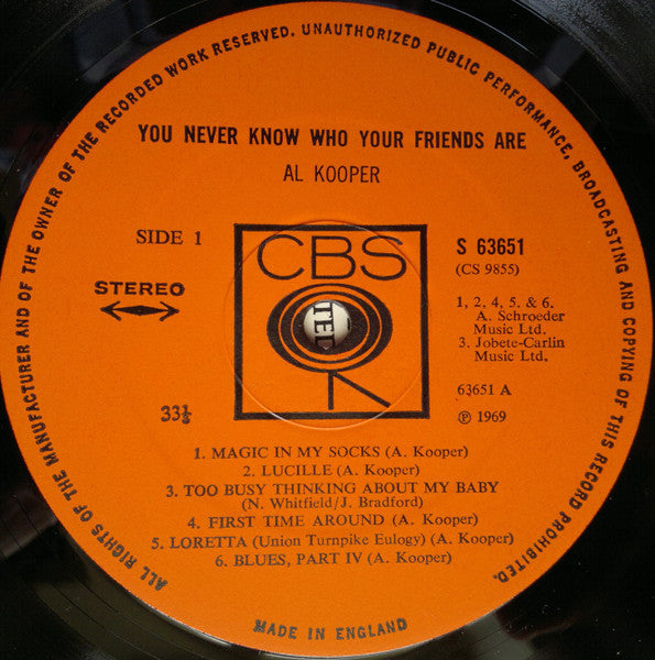 Image of Label Cover of LP - VG/VG+ - AL KOOPER, You Never Know Who Your Friends Are (CBS; 63651, UK 1969), ,  - 3826273E