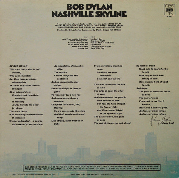 Image of Back Cover of LP - VG/VG - BOB DYLAN, Nashville Skyline (CBS Orange/Yellow; 63601, UK 1970s Reissue, No Company Inner, Stereo), Strong VG, hairlines only,  - 3826341E