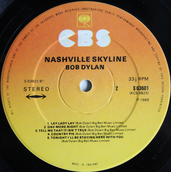Image of Label Cover of LP - VG/VG - BOB DYLAN, Nashville Skyline (CBS Orange/Yellow; 63601, UK 1970s Reissue, No Company Inner, Stereo), Strong VG, hairlines only,  - 3826341E