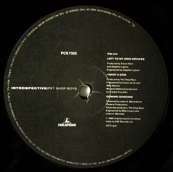 Image of Label Cover of LP - VG/VG - PET SHOP BOYS, Introspective (Parlophone; PCS 7325, UK 1988, Inner, PCS 7325 A-1 Matrix), ,  - 2616487C