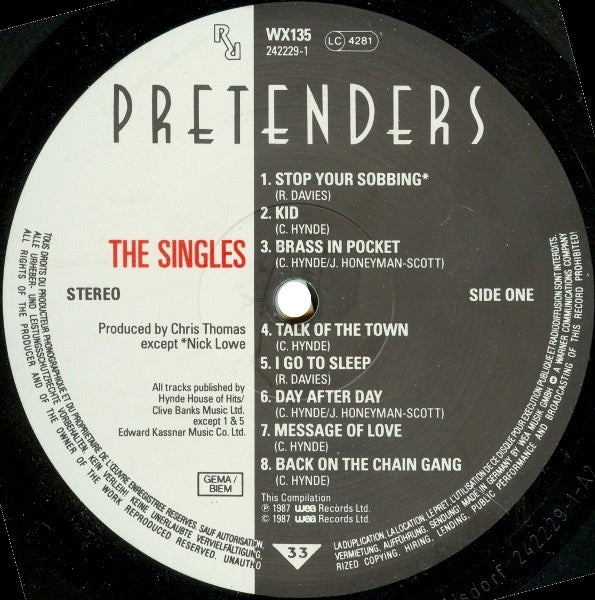 Image of Label Cover of 0125220E: LP - PRETENDERS, The Singles (WEA; WX135, Europe 1987, Stickered Sleeve, Inner, Poster)   VG+/VG+