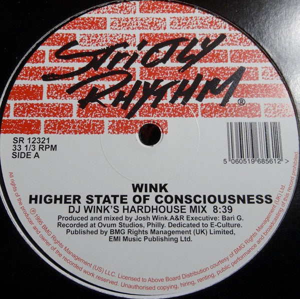 Image of Front Cover of 12" - /VG+ - WINK, Higher State Of Consciousness (Strictly Rhythm; SR12321, UK 2017 Reissue, Plain Sleeve), ,  - 3626406E