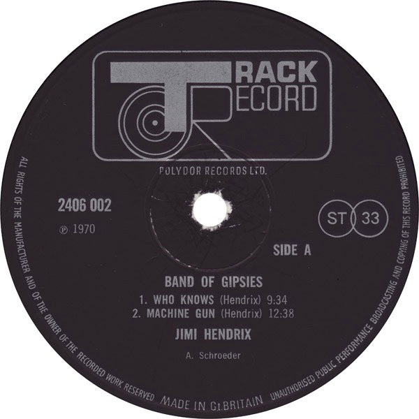 Image of Label Cover of LP - VG/VG - JIMI HENDRIX, Band of Gypsys (Track; 2406 002, UK 1970, Gatefold "Isle of Wight" Sleeve, 2nd Issue. SIDE A SIDE B, Cop. Control B1, B4. A Schroeder B2, B3, A 1-3), ,  - 2626230E