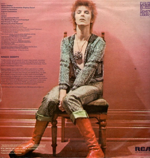 Image of Back Cover of 3214389C: LP - DAVID BOWIE, Space Oddity (RCA Victor Orange with Stereo Text; LSP-4813, UK 1972 Reissue, No Mainman On Sleeve, Inner, Poster, Titanic/Chrysalis) Tape damage on sleeve edges, pin holes in poster.  VG/VG