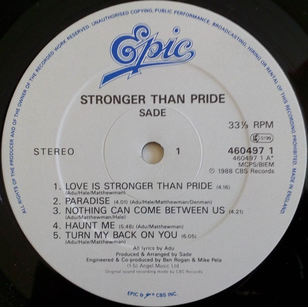 Image of Label Cover of LP - VG/VG - SADE, Stronger Than Pride (Epic; 460497-1, Europe 1988, Inner, Matrix / label variant), Light hairlines. Small tear on back of sleeve. Light edgewear. ,  - 4026277E