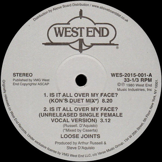 Image of Front Cover of 5044256S: 12" - LOOSE JOINTS, Is It All Over My Face (Kon's Duet Mix / Unreleased Mixes) (West End; WES 2015-001, UK 2015, Plain Sleeve)   /VG+